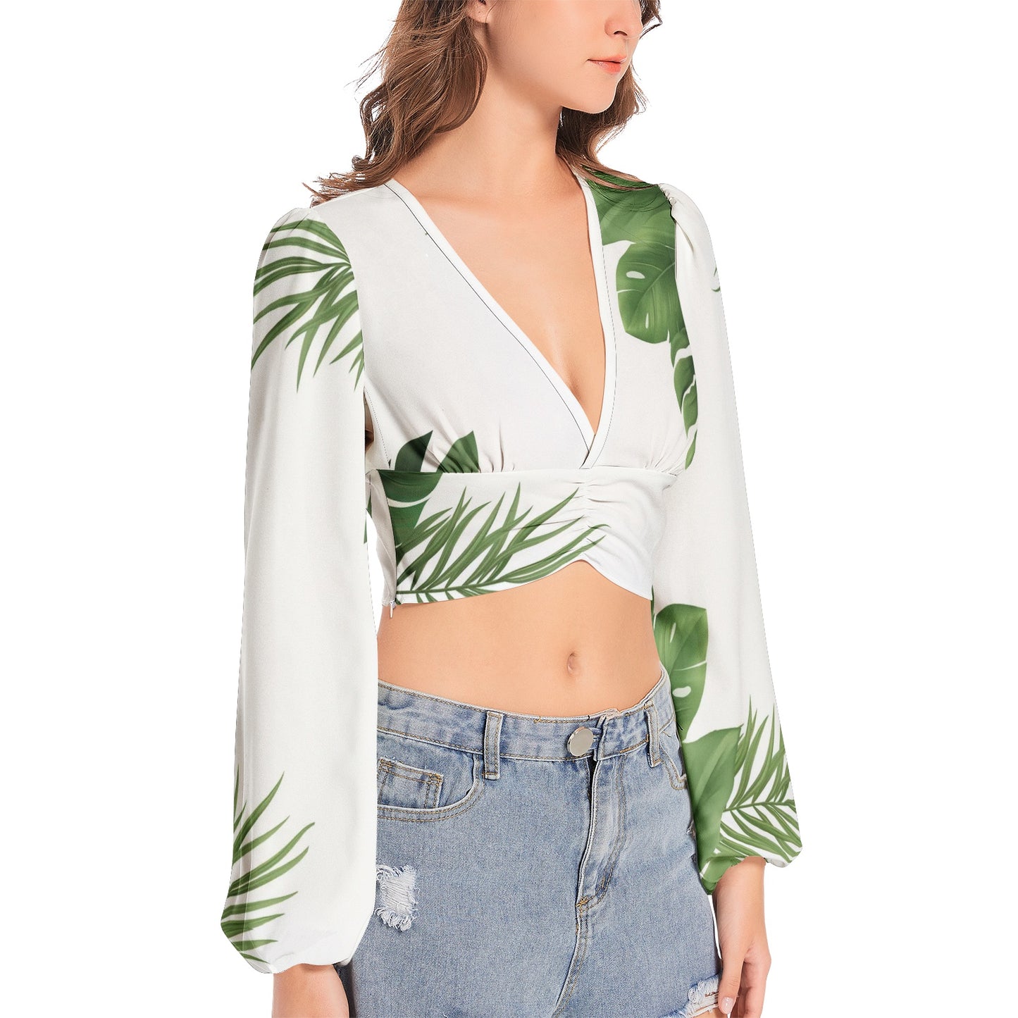 Women's Deep V-Neck Lantern Sleeve Crop Top