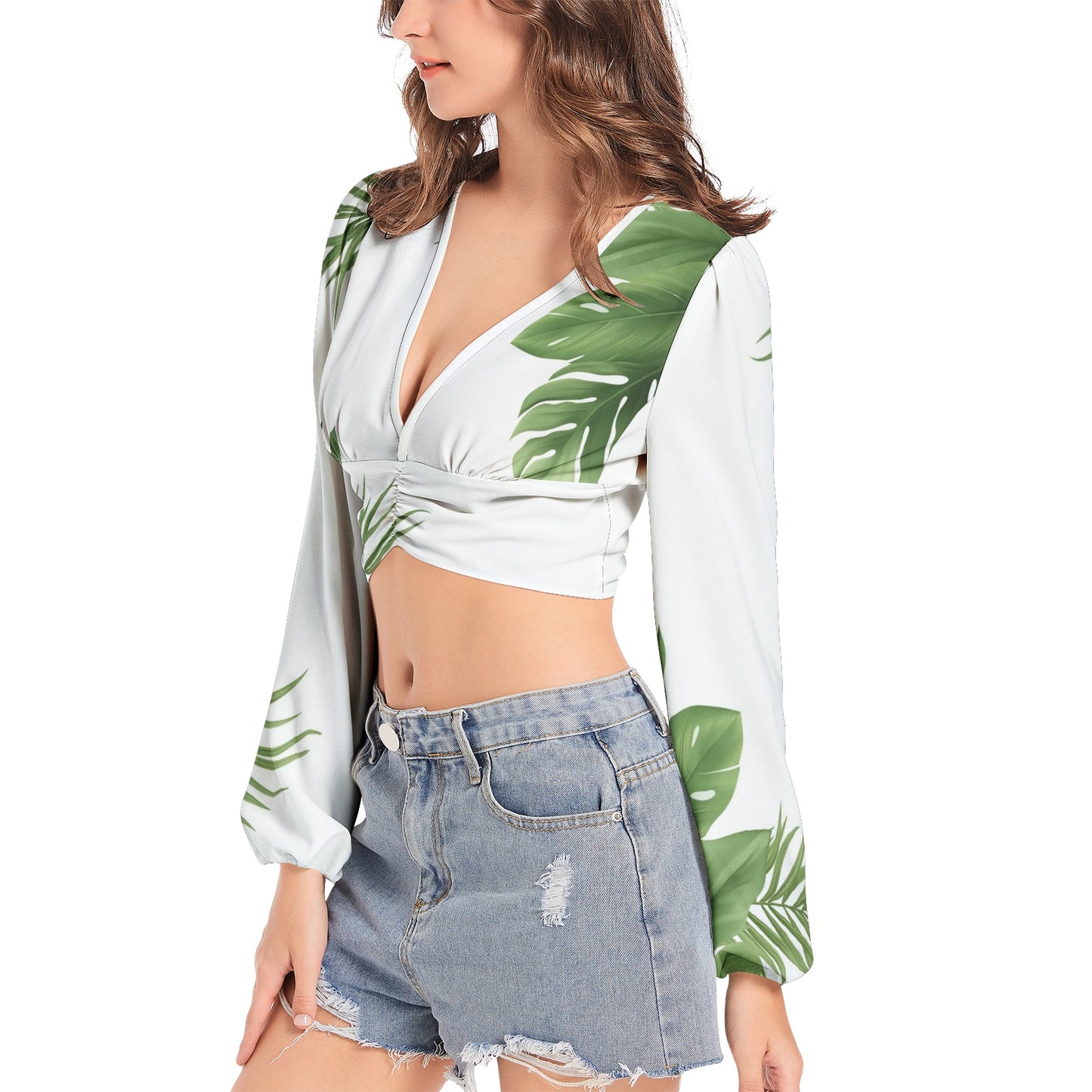 Women's Deep V-Neck Lantern Sleeve Crop Top