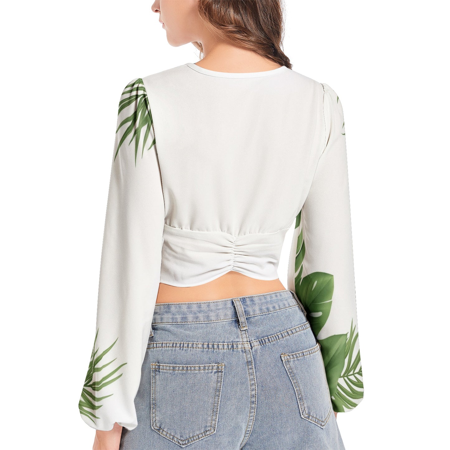 Women's Deep V-Neck Lantern Sleeve Crop Top