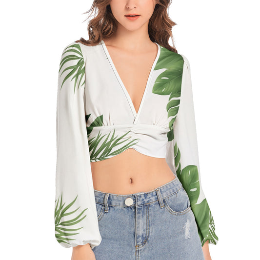 Women's Deep V-Neck Lantern Sleeve Crop Top
